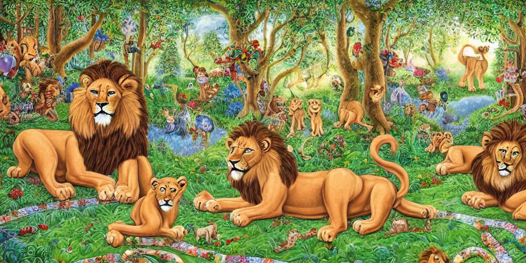 Prompt: lions in front of birthday table in fairytale forest , huge scale, high detail, intricate by Axel Scheffler