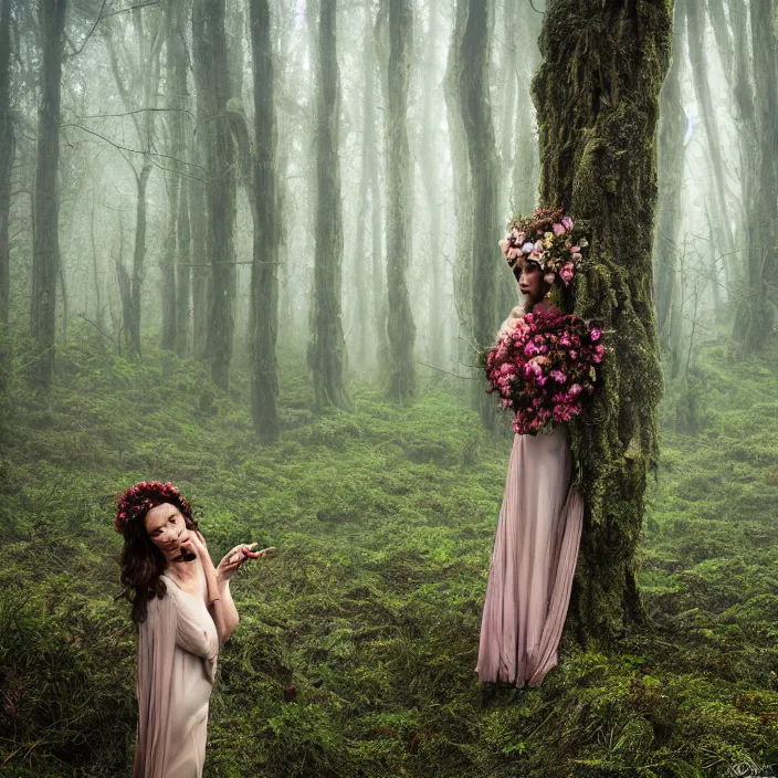 Prompt: an alien wrapped in flowers, in a foggy mossy forest, by Omar Z. Robles, CANON Eos C300, ƒ1.8, 35mm, 8K, medium-format print