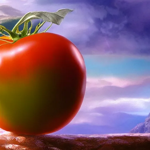 Image similar to a beautiful matte painting of a very beautiful tomato in a fantasy landscape, by steve argyle and mark arian