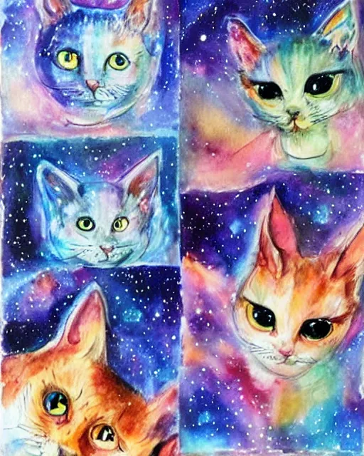 Image similar to cute galactic space cats, painted in water colors