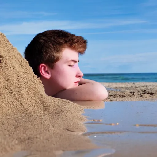 Prompt: beautiful teenage boy with pale skin amd natural brown hair is digging in the sand on a beach. Blue sky. Detailed face. Photo 8K.