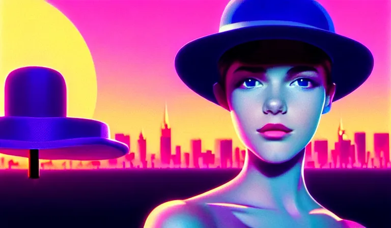 Image similar to a beautiful and immaculate teenager with a hat. synthwave. outrun style. trending on artstation. recommended for you behance. by chris moore. by edward hopper. beeple colors. metropolis filmic. gotham city.