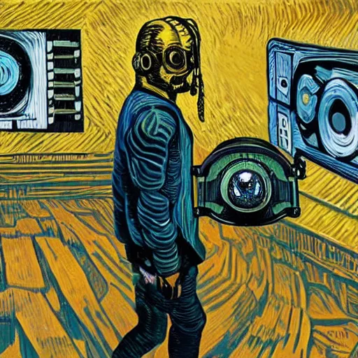 Image similar to Illustrated by Shepard Fairey and H.R. Giger | Cyberpunk Van Gogh with VR helmet, surrounded by cables