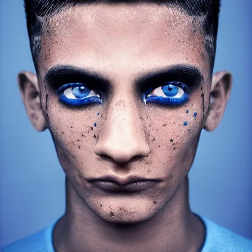 Image similar to a young beautiful slim athletic indian male has freckles color blue with an ombre effect, his eyes pupils are purple, his hair is colored blue silver ombre, photographed by erwin olaf