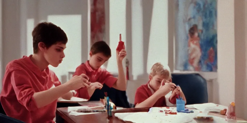 Image similar to screenshot of a scene at a private school where a senator's son paints his nails alone, 1990s psychological thriller by Stanely Kubrick film, color, anamorphic lenses, detailed, sunlit windows, moody cinematography