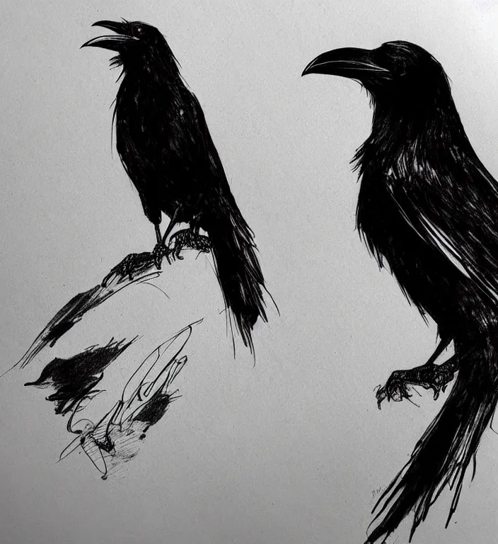 Prompt: beautiful aesthetic inspirational masterful professional ink pen liner sketch of a raven bird posing, marvel style, concept art, fine details, trending on artstation, high quality paper, instagram photo