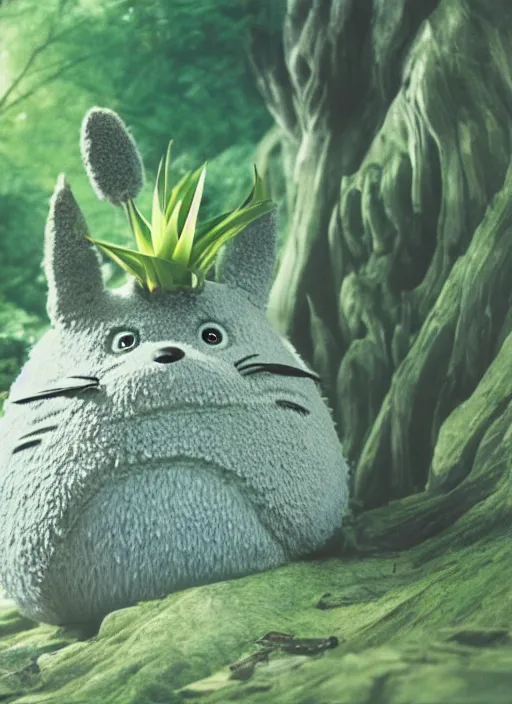 Image similar to totoro film still zaha hadid forests scene with a full still life seinen manga commercial photo of real - life origami plant, perfect eyes, cinestill, 8 k