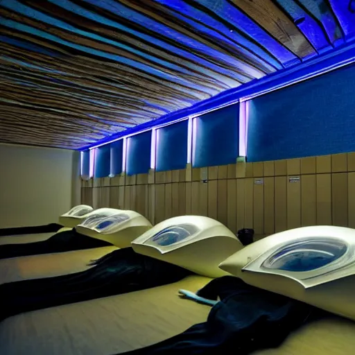 Image similar to cybernetic sleeping pods, diverse humans sleeping in healing pods, humans sleeping in healing pods, wide wide angle, vivid, elaborate, highly detailed, beautiful dim lighting