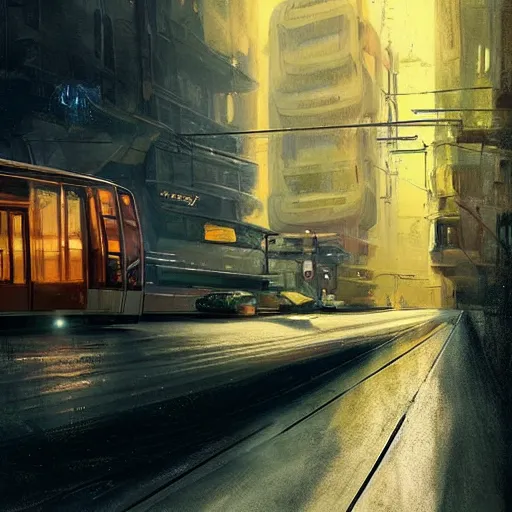 Image similar to a retro futuristic tram driving trough futuristic zurich, long shot, lumnious, magical, atmospheric, urban concept art, backlighting, by greg rutkowski *, martin mottet, maya takamura, and william turner