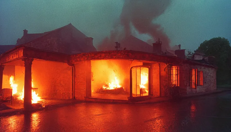 Prompt: 1 9 7 0 s movie still of a heavy burning french style stonehouse in a small french village by night rain, cinestill 8 0 0 t 3 5 mm, heavy grain, high quality, high detail, dramatic light, anamorphic, flares