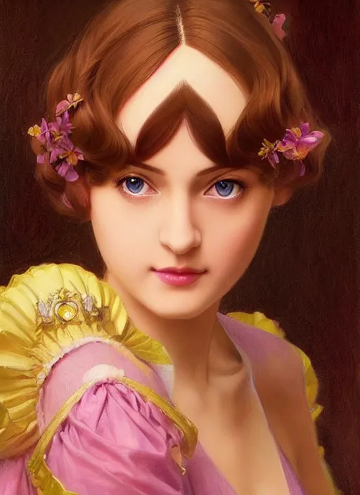 Image similar to princess peach, brown hair, bob cut, yellow highlights, bright purple ball gown, beautiful face, oil on canvas, art station, beautiful brown eyes, by j. c. leyendecker and edmund blair leighton and charlie bowater, beautiful face, octane, very aesthetic, stunning beautiful brown eyes