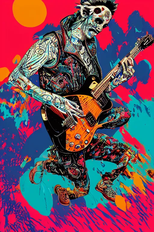 Image similar to risograph of a punk zombie playing guitar, tristan eaton, victo ngai, artgerm, rhads, ross draws, intricated details