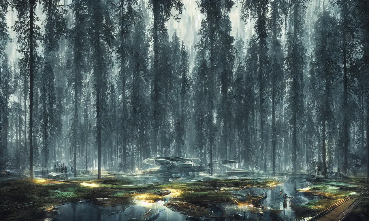 Prompt: Finnish forest lake, futuristic, cyberpunk, highly detailed, photorealistic, sharp focus, cinematic composition, cinematic lighting, detailed