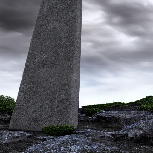 Image similar to A Tapered Stone Monolith Points to the overcast sky, Digital Art, Rendering, 8k, Highly Detailed