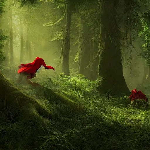 Image similar to smirking heavily armed little red riding hood getting attacked by a werewolf from behind in a lush green forest, sharp focus, unreal engine 5, digital illustration, volumetric light, highly detailed, intricate, by michael whelan, james gurney, 8 k