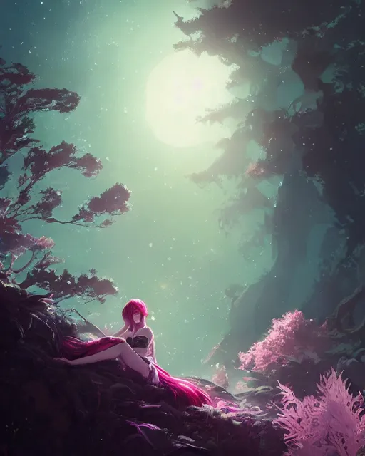 Image similar to a highly detailed image of A beautiful woman basking in the moonlight, with medium length magenta hair, and a tall tree, and large obsidian crystals, cinematic lighting, dramatic atmosphere, by Dustin Nguyen, Akihiko Yoshida, Greg Tocchini, Greg Rutkowski, Cliff Chiang, 4k resolution, trending on artstation