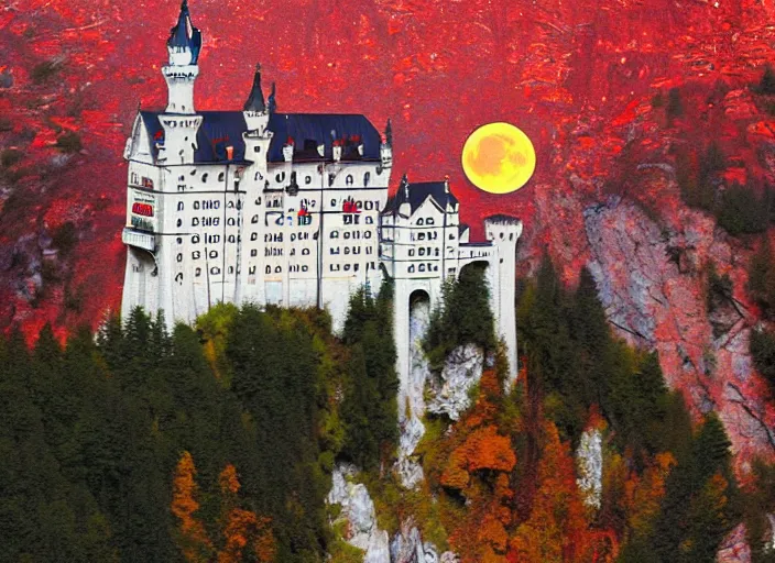 Prompt: neuschwanstein castle on water flowing down gold travertine terraces during sakura season on a blood moon, by peter andrew jones and conrad roset, rule of thirds, beautiful landscape