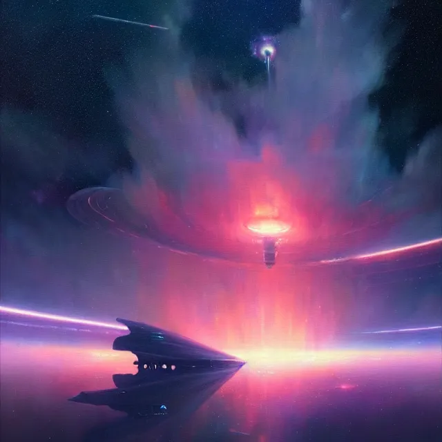 Prompt: a beautiful painting of a spaceship in the nebula by john harris and simon stalenhag and pascal blanche and greg rutkowski. in style of oil on canvas art. ultra realistic, hyper detailed. 4 k texture. deep sky photography. octane render. trending on artstation