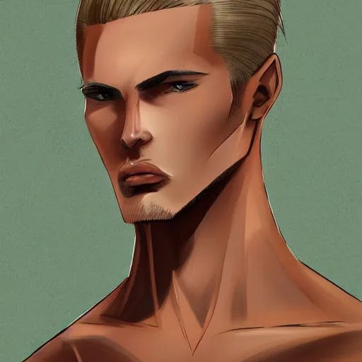 Image similar to a tall, lean man with light tan skin, blue eyes, and shoulder - length, slicked - back blonde hair combed down to the nape of his neck, long face with sunken cheeks and a well defined jawline, three vertical scars over his left eye, dressed casually, art by artgerma