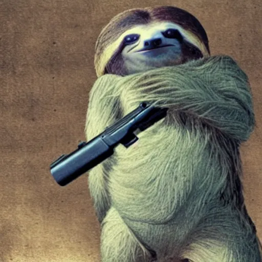 Image similar to sloth with a gun