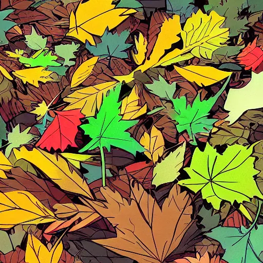 Image similar to pile of leaves, concept art, illustrated, highly detailed, high quality, bright colors, optimistic,