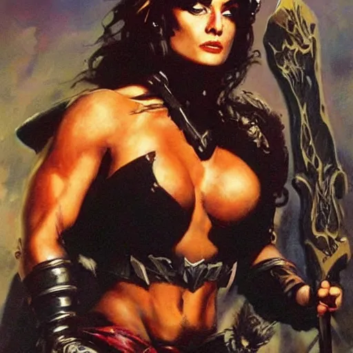 Image similar to a frank frazetta oil painting of selina gomez as a beautiful muscular salma hayek wearing black armor holding a large battle axe, dynamic shot, hd 4 k, intricate, highly detailed, atmospheric, sharp