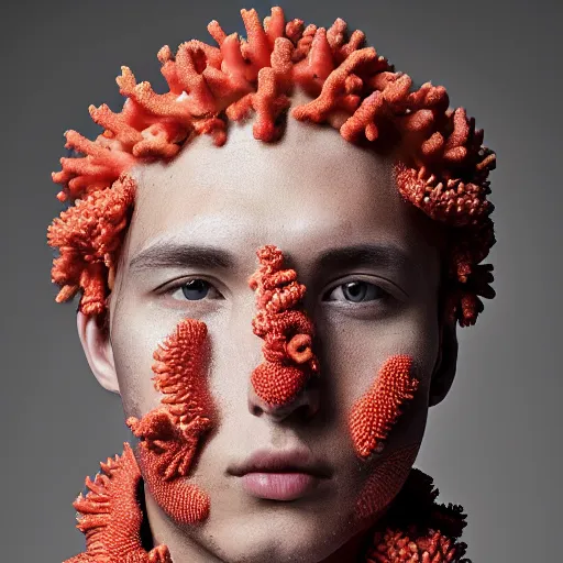 Prompt: a portrait of a beautiful young male wearing an alexander mcqueen armor made of coral , photographed by andrew thomas huang, artistic