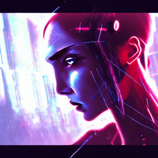 Image similar to cyberpunk movie still from the animatrix in the style of gal gadot by agnes cecile : : small female android cyborg - angel, glowing red left eye and glowing blue right eye : : cinematic lighting, advanced digital cyberpunk art