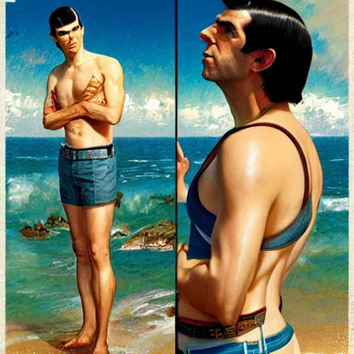 Prompt: ZACHARY QUINTO SPOCK in tropical shorts, beach, sun shining, (SFW) safe for work, photo realistic illustration by greg rutkowski, thomas kindkade, alphonse mucha, loish, norman rockwell