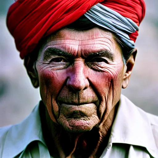 Image similar to portrait of president ronald reagan as afghan man, green eyes and red turban looking intently, photograph by steve mccurry