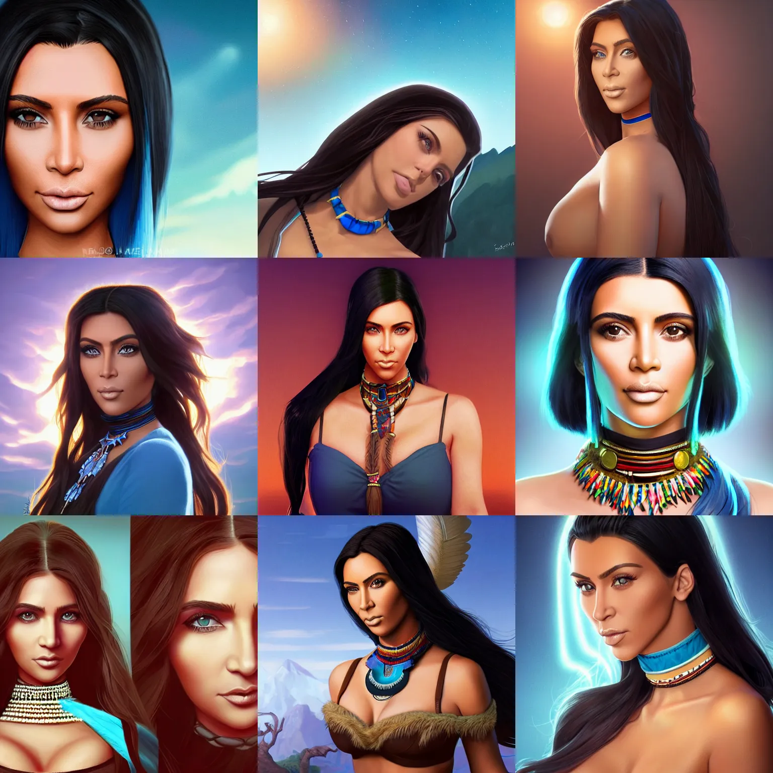 Prompt: portrait cartoon render of a strikingly gorgeous assiniboine and mandan round kim kardashian with blue eyes and long dark brown hair, wearing a native american choker, rossdraws, artgerm, norman rockwell, emiliano ponzi, epic composition, hd, octane, unreal engine, volumetric lighting, light rays, masterpiece, award - winning