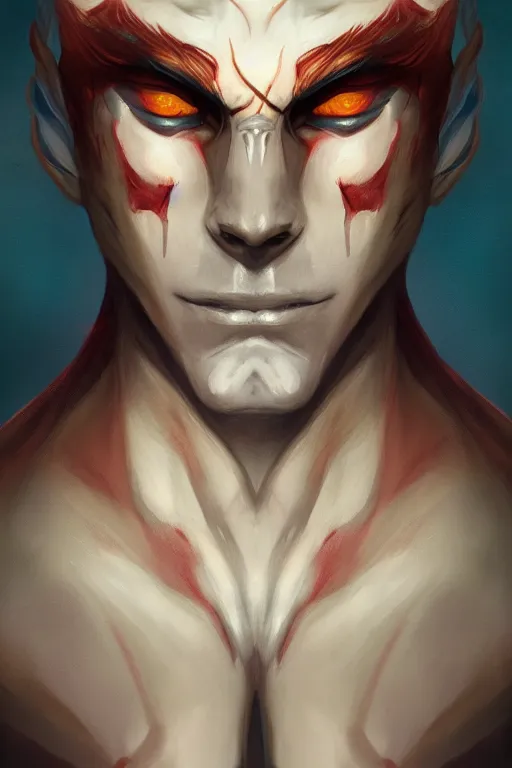 Image similar to djinn man male demon, portrait, full body character concept art, costume design, illustration, symmetrical face and body, single face, cinematic color grading, editorial photo, fashion, hyperrealism, trending on artstation, Charlie Bowater, WLOP