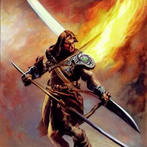 Image similar to a sword where the blade is a fire tornado, painting by frank frazetta, highly detailed, high quality, 8 k, soft lighting, realistic face, path traced