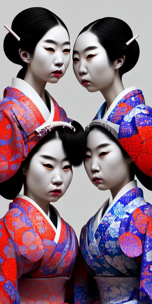 Prompt: hyperrealistic detailed image of a geisha twins in a art installation room, hd smooth interior by yayoi kusama, part by kei mieno, part by ross tran, dark art by james jean, ultra realistic, highly detailed, life like face, detailed body, 8 k, 3 d render by roger magrini, masterpiece