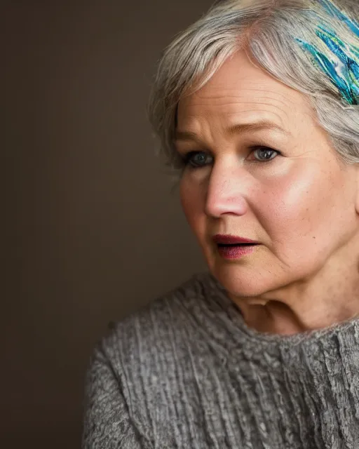 Prompt: A studio photo of Jennifer Lawrence as an old woman, 70 years old, bokeh, 90mm, f/1.4