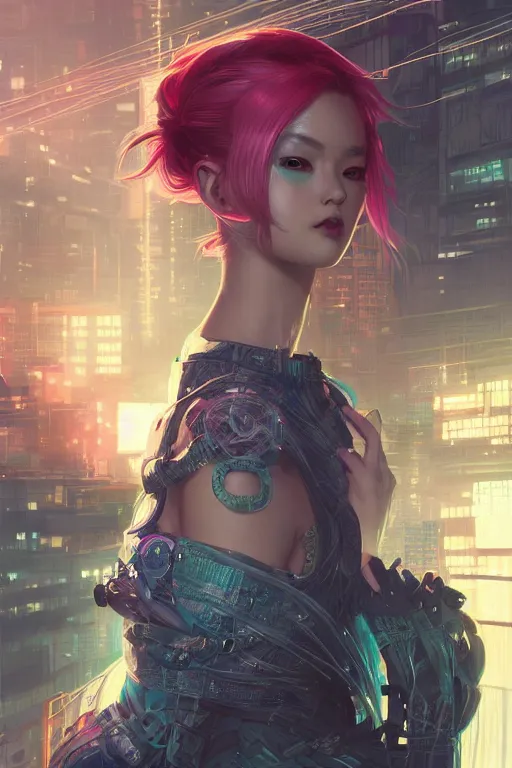 Prompt: portrait futuristic Ninja Girl, in future cyberpunk tokyo rooftop , ssci-fi, fantasy, intricate, very very beautiful, elegant, neon light, highly detailed, digital painting, artstation, concept art, smooth, sharp focus, illustration, art by tian zi and WLOP and alphonse mucha