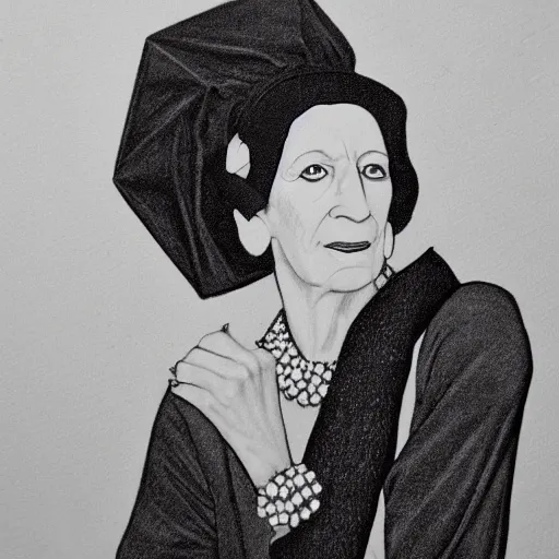 Prompt: pencil illustration of Diana vreeland highly detailed, cinematic,