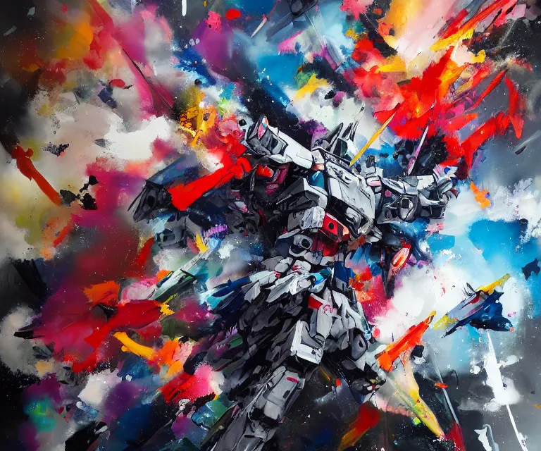 Image similar to acrylic and spraypaint action portrait of a giant origami gundam battling in space, explosions, graffiti wildstyle, large brush strokes, painting, paint drips, acrylic, clear shapes, spraypaint, smeared flowers large triangular shapes, painting by ashley wood, totem 2, jeremy mann, masterpiece