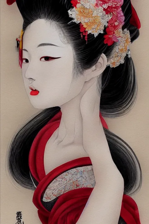 Image similar to sensual and very seductive geisha, digital art, 8k, character, realistic, portrait, photorealism, japan watercolour, masterpiece art