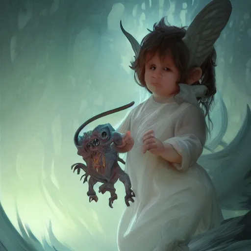 Image similar to cute baby demon in hell, intricate, highly detailed, digital painting, artstation, concept art, smooth, sharp focus, illustration, Unreal Engine 5, 8K, art by artgerm and greg rutkowski and alphonse mucha