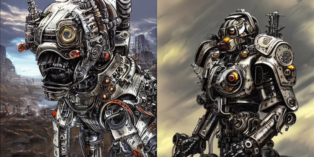 Prompt: portrait of a cyborg hound wearing mechanical armor, hound is highly detailed, by ayami kojima, masamune shirow, josan gonzalez, yoshitaka amano, dan mumford, barclay shaw