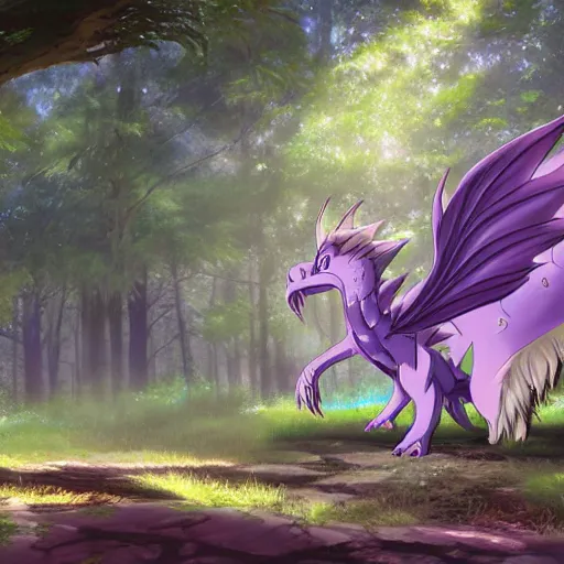 Image similar to concept art painting of a purple anime furry anthro dragon, in the deep forest, realistic, detailed, cel shaded, in the style of makoto shinkai and greg rutkowski and james gurney