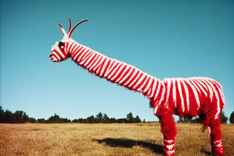 Prompt: a photo of a giant mutant candy cane llama in its natural habitat, kodak ektachrome e 1 0 0 photography