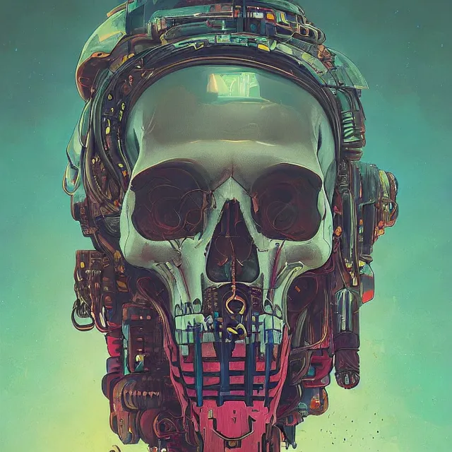 Image similar to a beautiful painting of a ( ( cyberpunk ) ) skull by simon stalenhag and pascal blanche and alphonse mucha! and nekro!. in style of digital art. colorful comic, film noirs!, symmetry, hyper detailed. octane render. trending on artstation