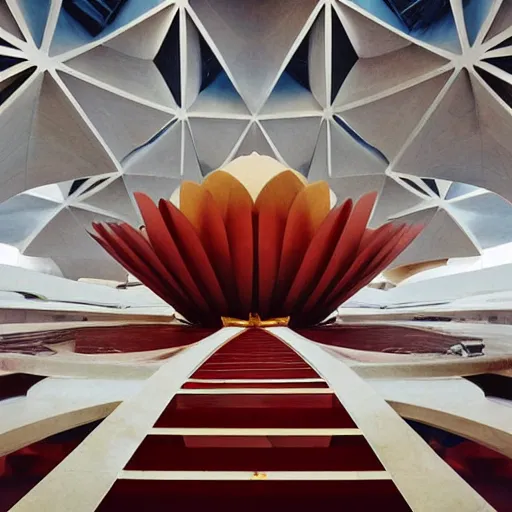 Prompt: interior of a futuristic lotus temple with gold, red and white marble panels, shafts of sunlight in the centre, in the desert, by buckminster fuller and syd mead, intricate contemporary architecture with art nouveau motifs, photo journalism, photography, cinematic, national geographic photoshoot