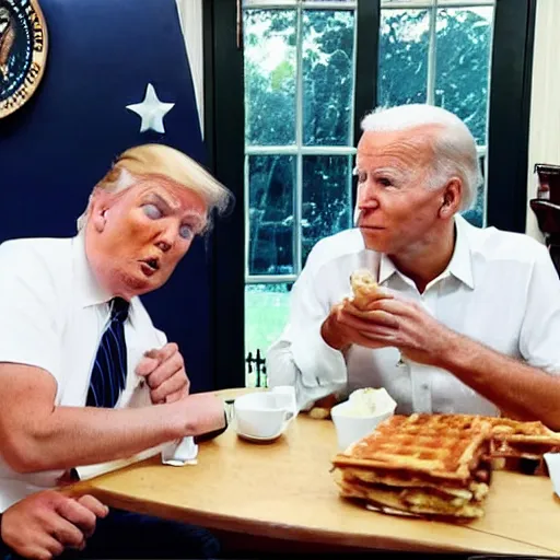 Image similar to photograph of trump and Biden sitting and eating breakfast at a Wafflehouse