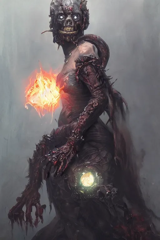 Prompt: face closeup covered of a ghoul necromancer, damned soul, hellfire, diamonds, jewels, 3 d render, hyper - realistic detailed portrait, holding fire and electricity rainbow, ruan jia, wlop. scifi, fantasy, magic the gathering, hyper detailed, concept art, peter mohrbacher