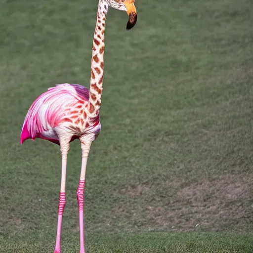 Image similar to hybrid of a Giraffe and a Flamingo, full body shot, sharp focus, ultra-detailed, photorealistic, complex, intricate, 3-point perspective, hyper detailed, IMAX quality, cinematic, finely detailed, small details, extra detail, symmetrical, high resolution, photo, 8k, award-winning, awe-inspiring, ground-breaking, masterpiece