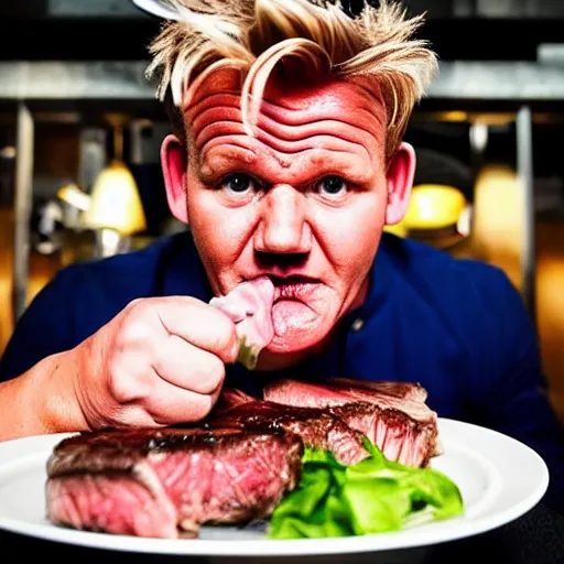 Prompt: a hyper realistic photograph of gordon ramsay crying over a plate of steak. dim red and blue lighting, strong shadows, award winning magazine photo