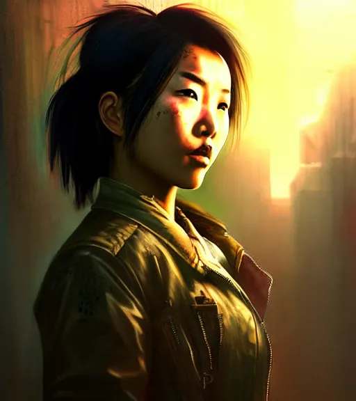 Image similar to fallout 5, charismatic beautiful rugged asian female protagonist, portrait, outdoors in a dilapidated tokyo back alley, atmospheric lighting, painted, intricate, volumetric lighting, daytime, autumn, fog, sharp focus, ultra detailed, art by william turner